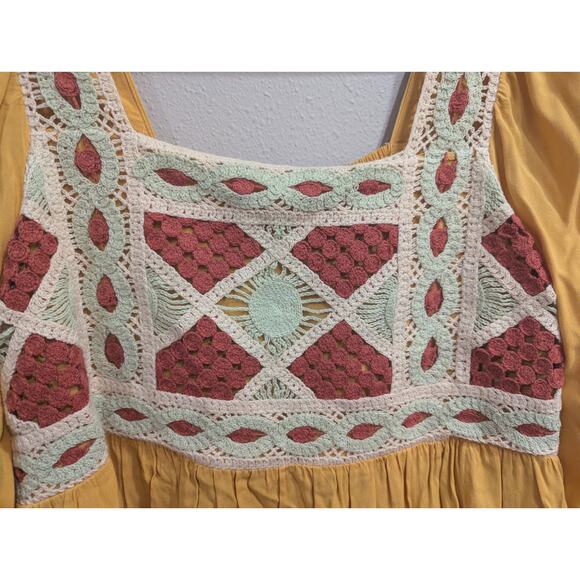 Peasant style slashed sleeves empire-waisted mustard dress w/crochet detailing S - Picture 8 of 13